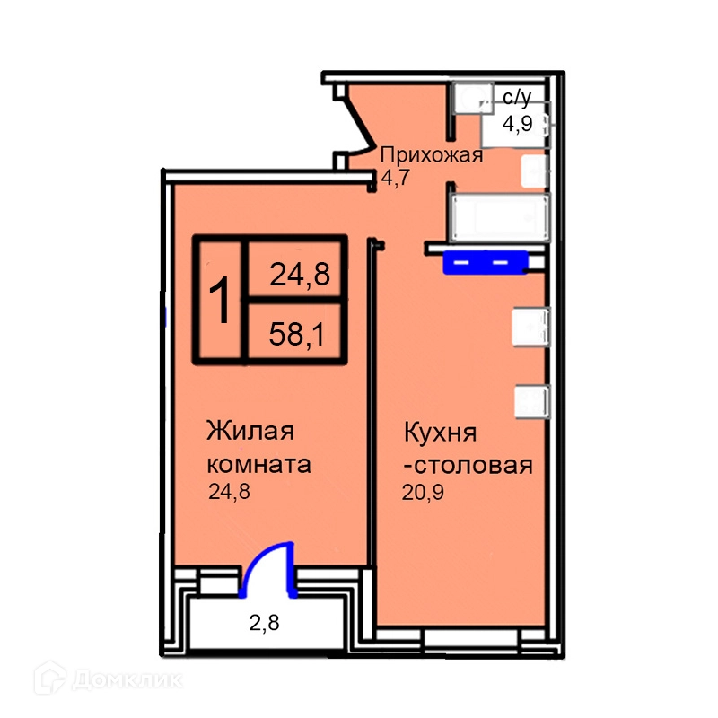 1-комнатная квартира 58.1 м² Троицкий