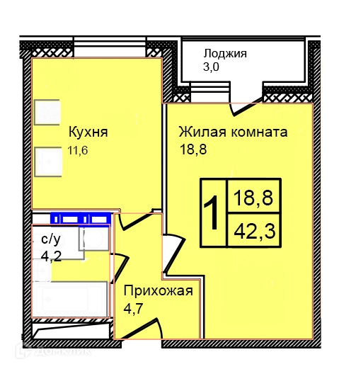 1-комнатная квартира 42.3 м² Троицкий