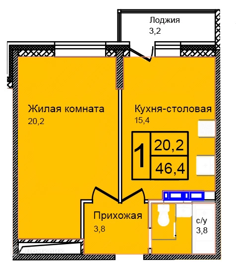 1-комнатная квартира 46.4 м² Троицкий