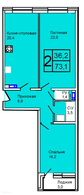 2-комнатная квартира 73.1 м² Троицкий