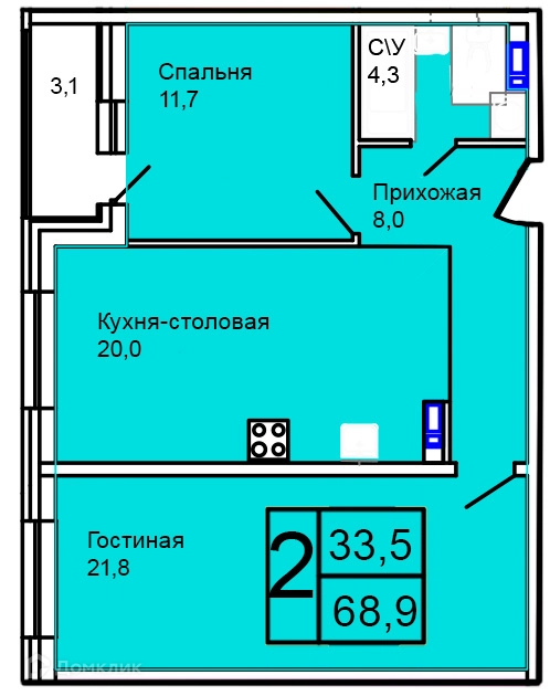 2-комнатная квартира 68.9 м² Троицкий