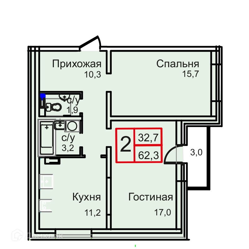 2-комнатная квартира 62.3 м² Троицкий