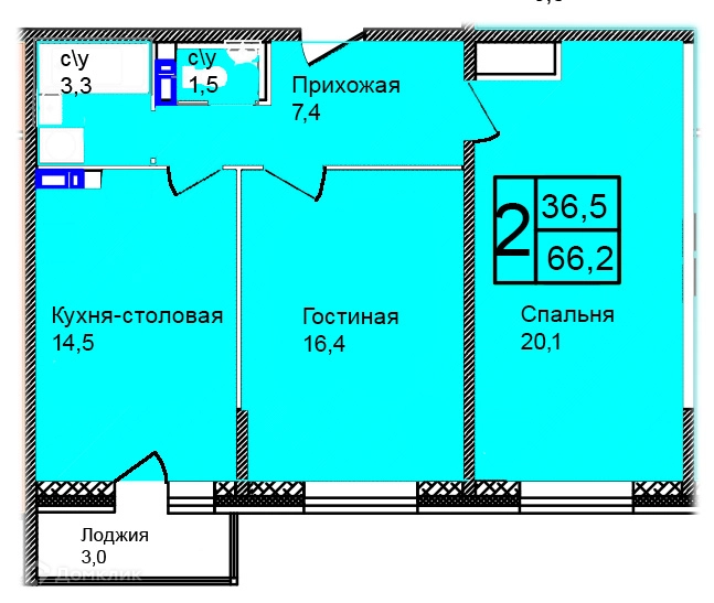 2-комнатная квартира 66.2 м² Троицкий
