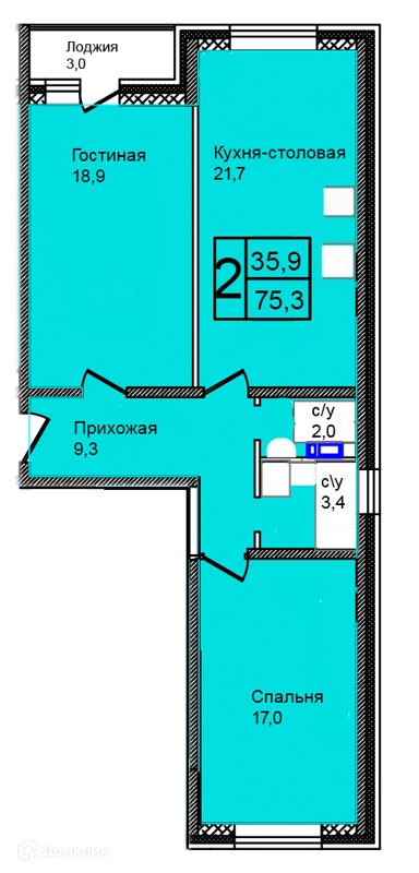 2-комнатная квартира 75.3 м² Троицкий