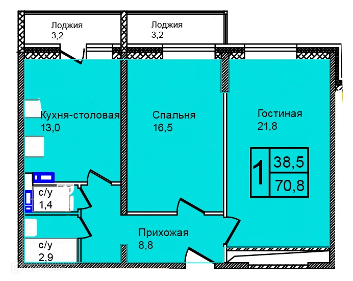 2-комнатная квартира 70.8 м² Троицкий