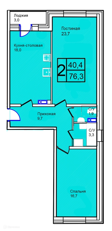 2-комнатная квартира 76.3 м² Троицкий
