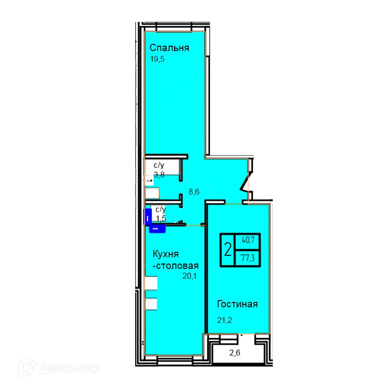 2-комнатная квартира 77.3 м² Троицкий