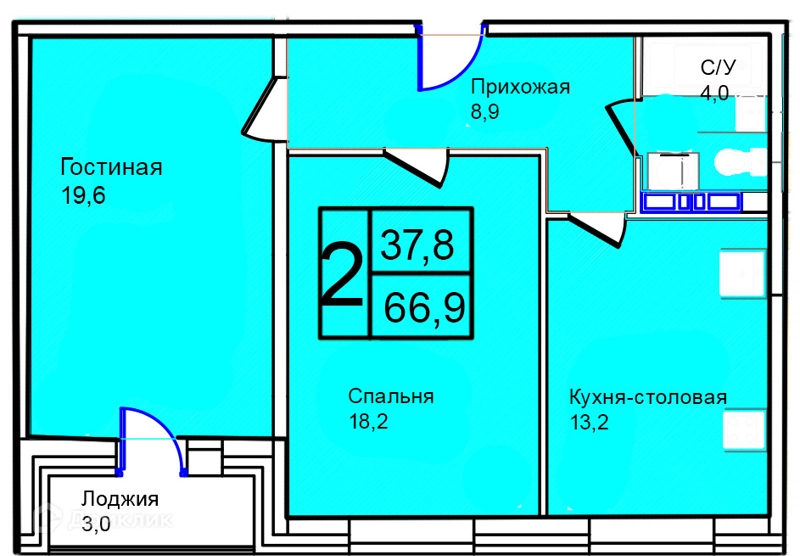 2-комнатная квартира 66.9 м² Троицкий