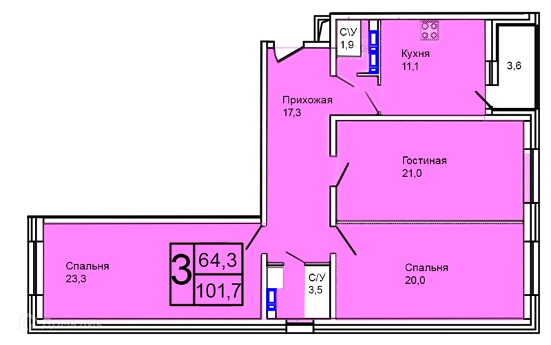 3-комнатная квартира 101.7 м² Троицкий
