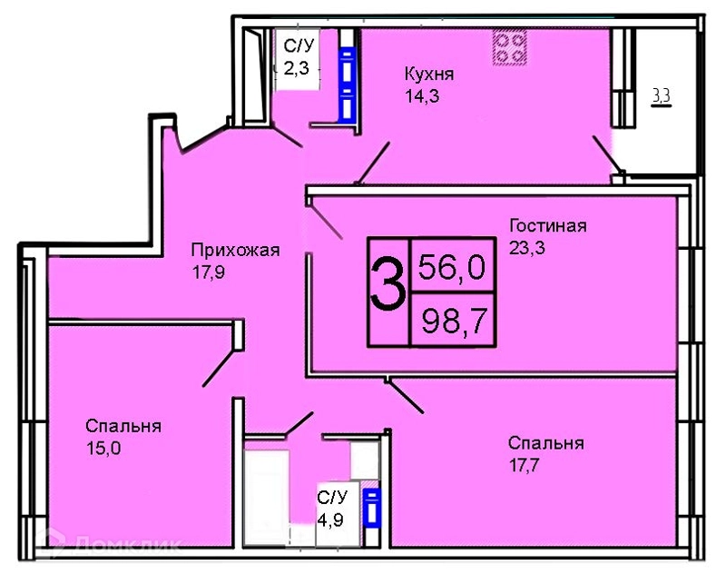 3-комнатная квартира 98.7 м² Троицкий
