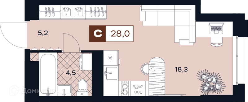 Студия 28 м² ЮТУ