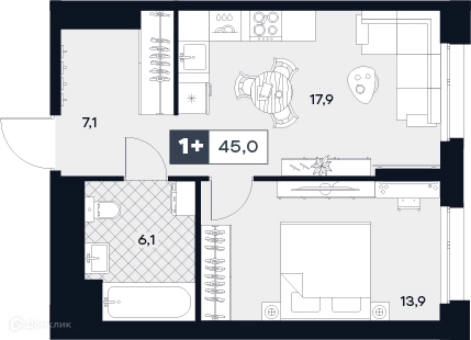 1-комнатная квартира 45 м² ЮТУ