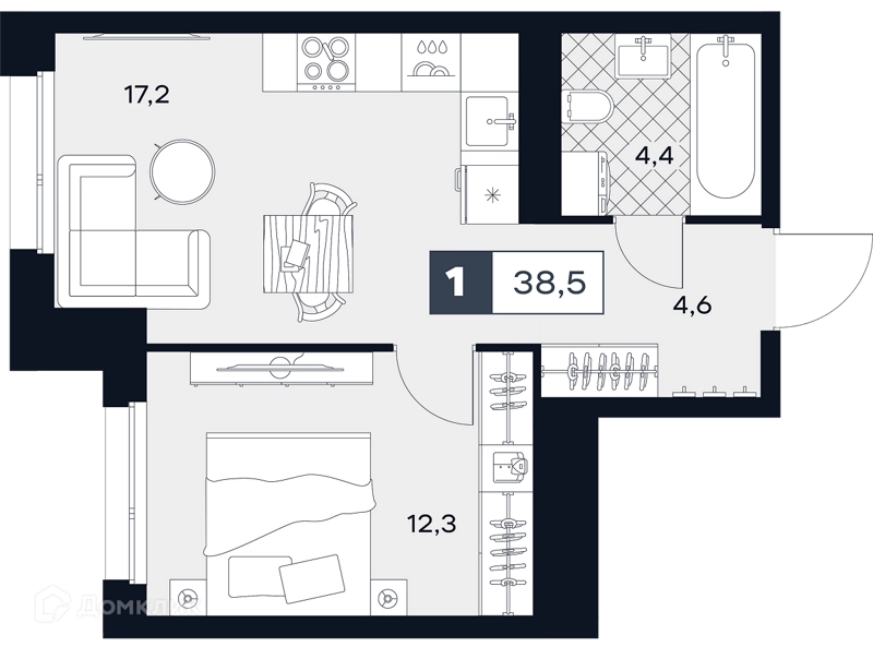 1-комнатная квартира 38.5 м² ЮТУ