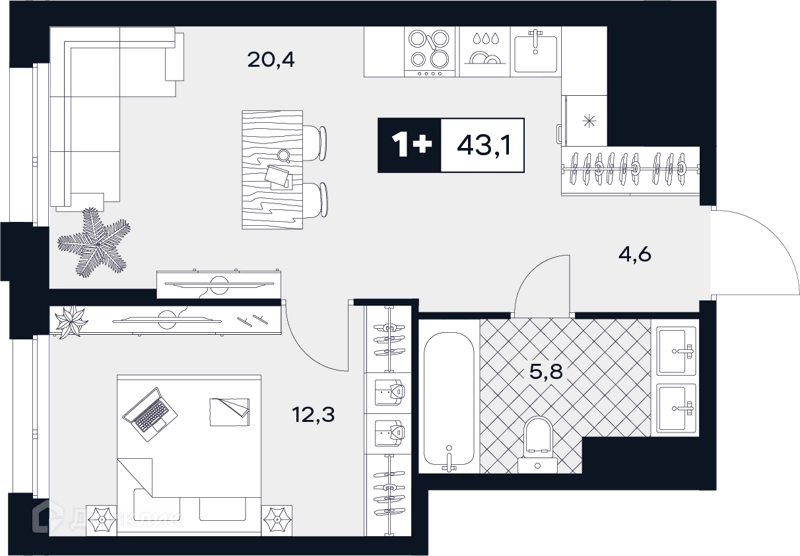 1-комнатная квартира 43.1 м² ЮТУ