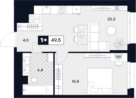 1-комнатная квартира 49.5 м² ЮТУ