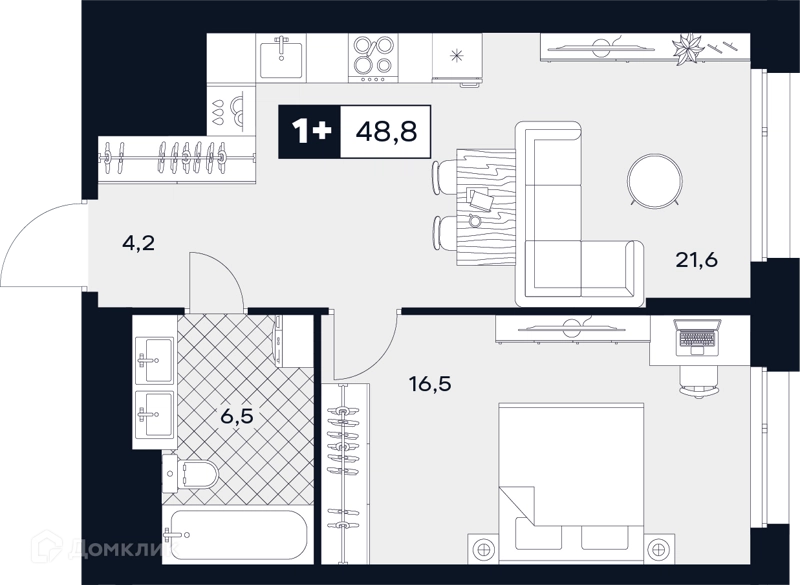 1-комнатная квартира 48.8 м² ЮТУ