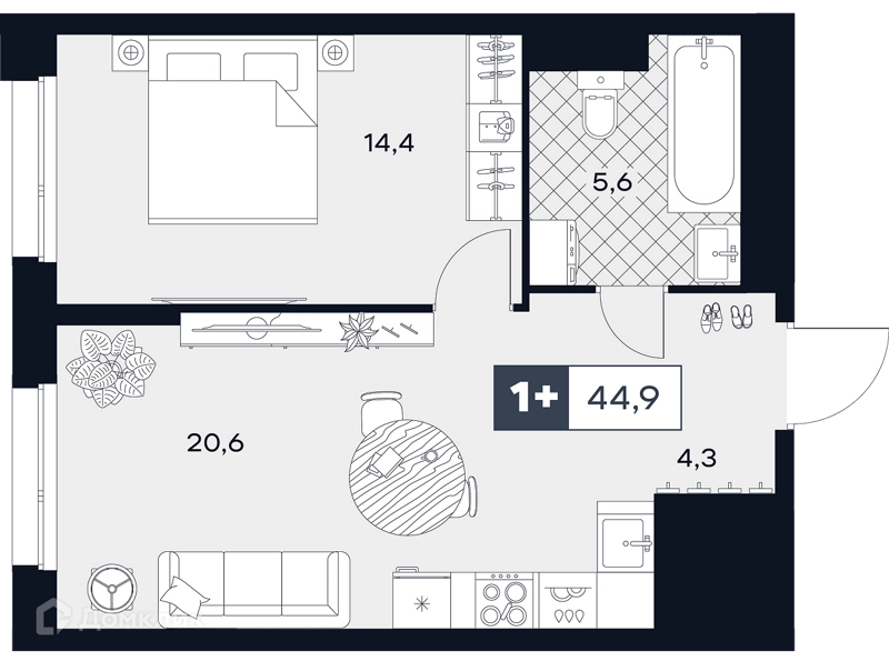 1-комнатная квартира 44.9 м² ЮТУ