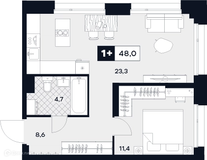 1-комнатная квартира 48 м² ЮТУ