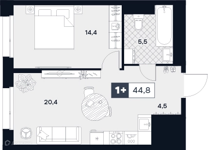 1-комнатная квартира 44.8 м² ЮТУ