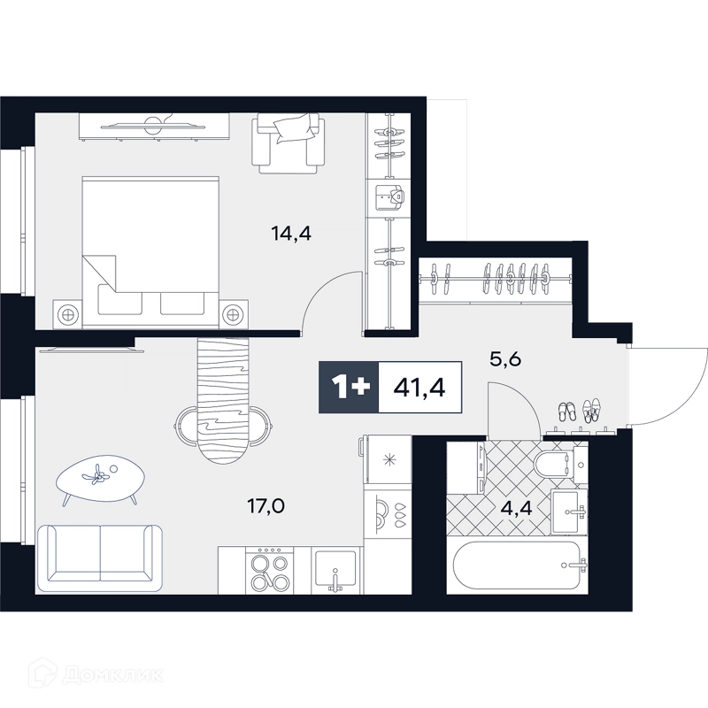 1-комнатная квартира 41.4 м² ЮТУ