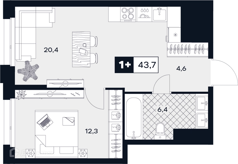 1-комнатная квартира 43.7 м² ЮТУ