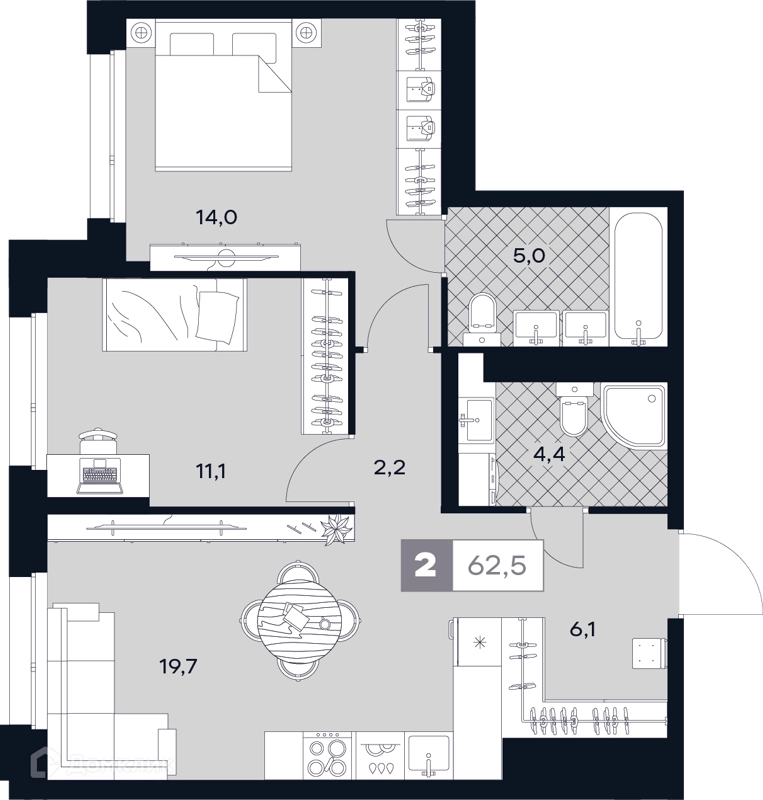 2-комнатная квартира 62.5 м² ЮТУ