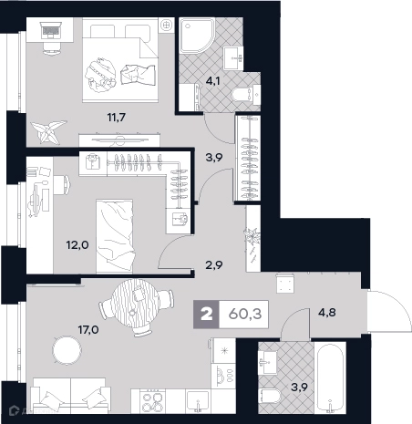 2-комнатная квартира 60.3 м² ЮТУ