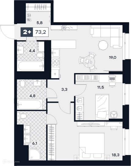 2-комнатная квартира 73.2 м² ЮТУ