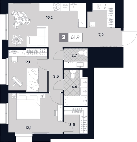 2-комнатная квартира 61.9 м² ЮТУ