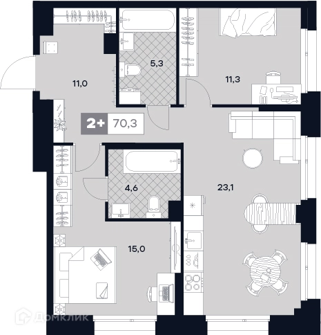 2-комнатная квартира 70.7 м² ЮТУ