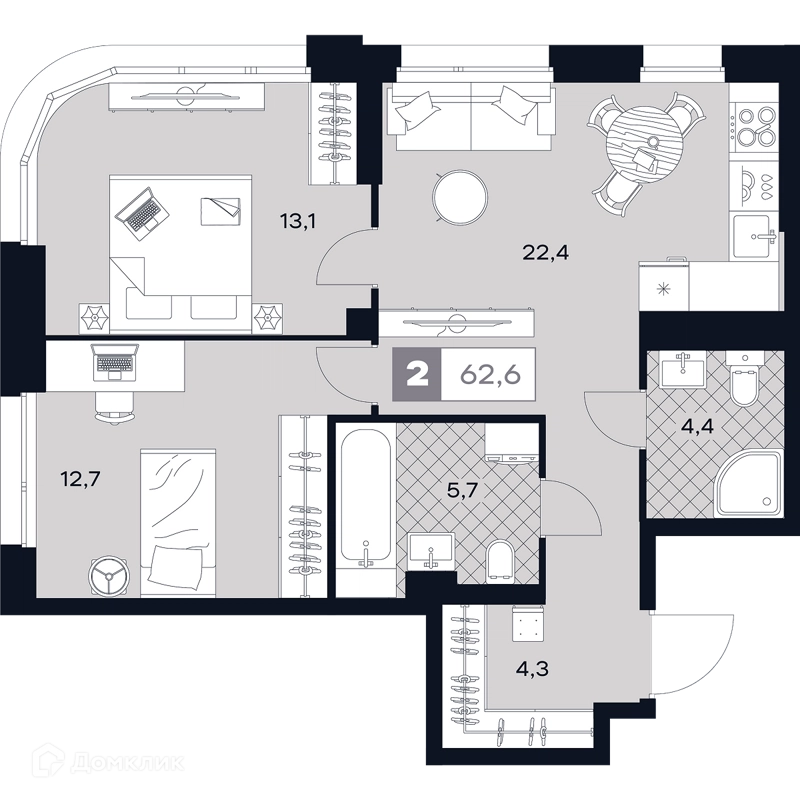 2-комнатная квартира 62.6 м² ЮТУ