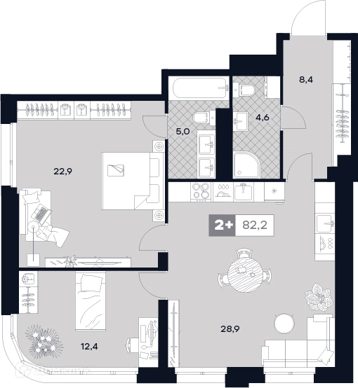 2-комнатная квартира 82.2 м² ЮТУ