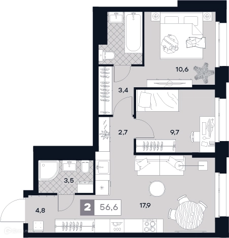 2-комнатная квартира 56.6 м² ЮТУ