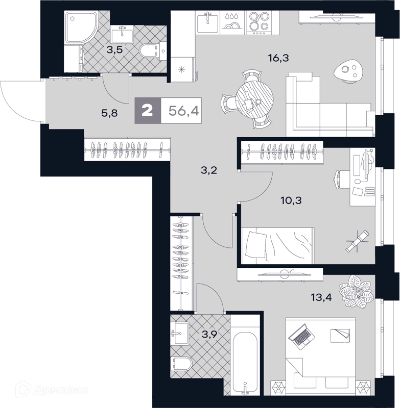 2-комнатная квартира 56.4 м² ЮТУ