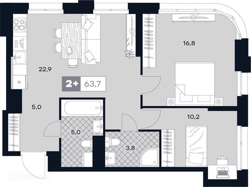 2-комнатная квартира 63.7 м² ЮТУ