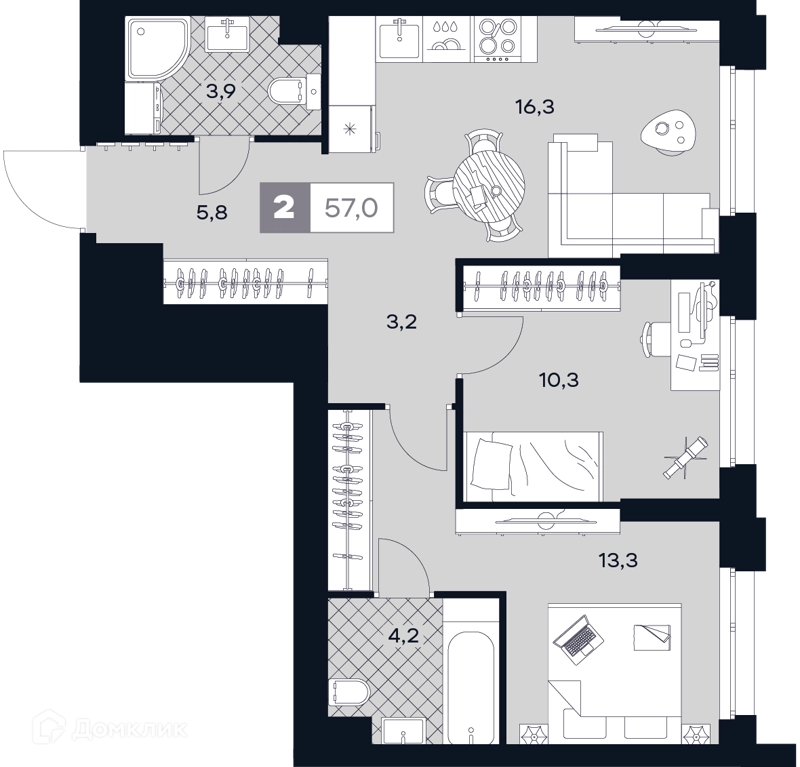 2-комнатная квартира 57 м² ЮТУ