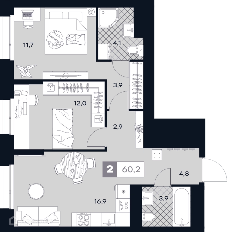 2-комнатная квартира 60.2 м² ЮТУ