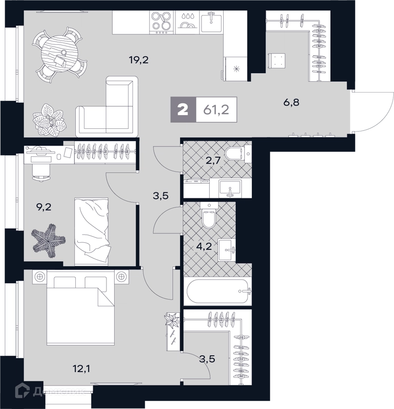 2-комнатная квартира 61.2 м² ЮТУ
