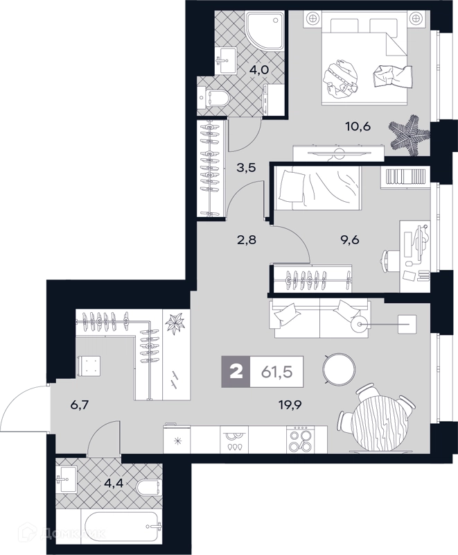 2-комнатная квартира 61.5 м² ЮТУ