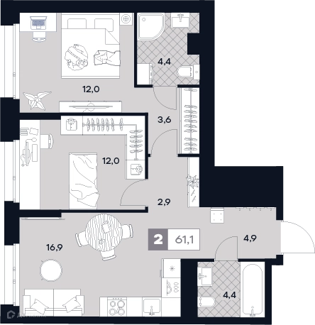 2-комнатная квартира 61.1 м² ЮТУ