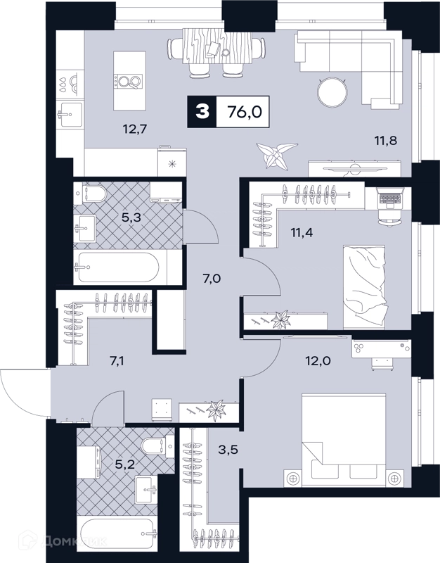 2-комнатная квартира 76 м² ЮТУ