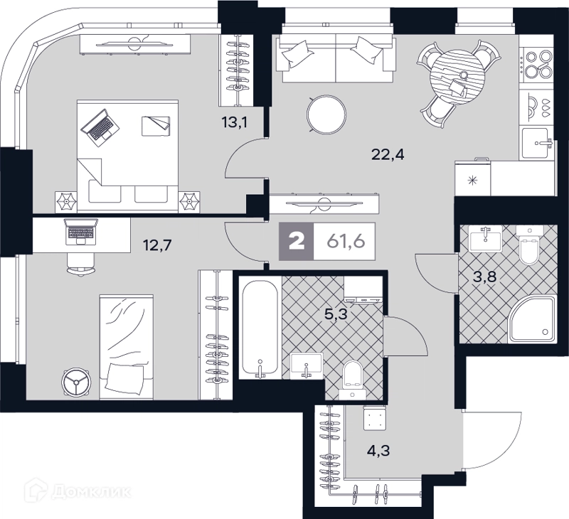 2-комнатная квартира 61.6 м² ЮТУ