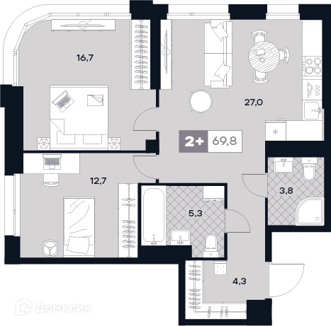 2-комнатная квартира 69.8 м² ЮТУ