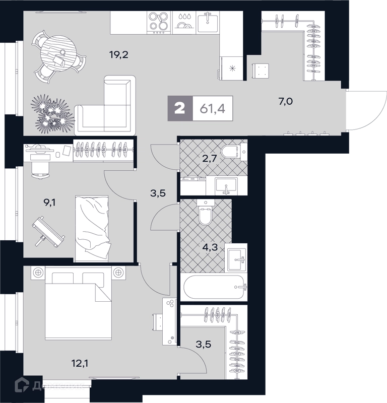 2-комнатная квартира 61.4 м² ЮТУ