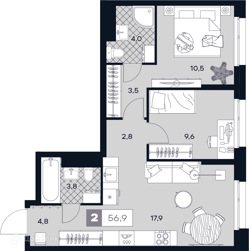 2-комнатная квартира 56.9 м² ЮТУ