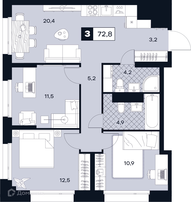 3-комнатная квартира 72.8 м² ЮТУ