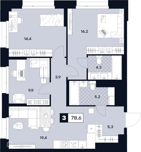 3-комнатная квартира 78.6 м² ЮТУ