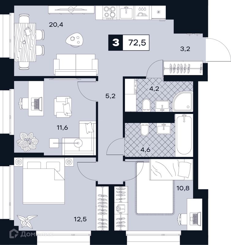3-комнатная квартира 72.5 м² ЮТУ