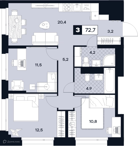 3-комнатная квартира 72.7 м² ЮТУ