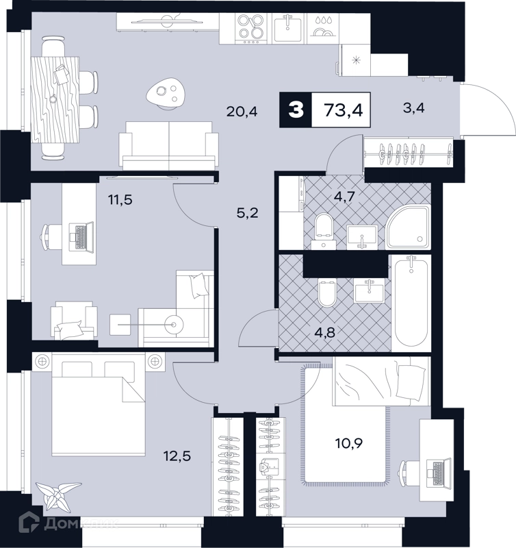 3-комнатная квартира 73.4 м² ЮТУ